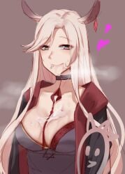 2020 2023 animal_ears arknights artist_request blonde_hair breasts choker cum cum_on_breasts ear_piercing gitano_(arknights) goat_ears goat_girl grey_eyes heart heart_eyes jewelry large_breasts long_hair looking_at_viewer necklace older_female seductive seductive_smile simple_background smile smug smug_face smug_smile very_long_hair