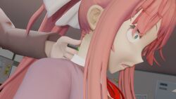 3d 3d_(artwork) doki_doki_literature_club ehhypnohub green_eyes hairbow mc_(doki_doki_literature_club!) monika_(doki_doki_literature_club) schoolgirl shocked_expression usb white_skin