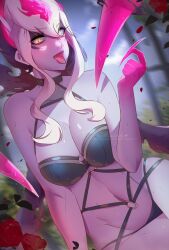 1girls ahe_gao artist_signature big_breasts cleavage dark_purple_body demon_girl evelynn female female_only himmely league_of_legends looking_at_viewer patreon_username purple_body riot_games rose_petals roses succubus tongue two_tone_body white_hair