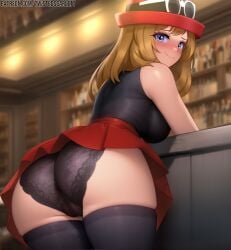 ass bent_over_table black_blouse black_panties blonde_hair blouse blush dripping_pussy genital_fluids lace-trimmed_panties large_breasts looking_at_viewer miniskirt nintendo panties pokemon pokemon_xy red_hat red_skirt see-through_panties serena_(pokemon) serena_(pokemon_games) skirt solo stockings thighhighs twistedscarlett60 wet_pussy