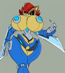 anthro archie_comics big_breasts blade blue_eyes blue_nipples breasts brown_body brown_hair chipmunk female ground_squirrel hair hi_res huge_breasts imric1251 machine mammal mecha_sally nipples red_hair robot rodent sally_acorn sciurid sega simple_background smile solo sonic_(series) sonic_the_hedgehog_(archie) sonic_the_hedgehog_(comics) sonic_the_hedgehog_(series)