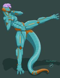 absurd_res alicethedeer anthro blue_body breasts digital_media_(artwork) female fully_shaded genitals hair hi_res nipples nude orange_eyes orange_nipples orange_pussy pink_hair pinup pose pussy reptile scalie simple_background smile solo solo_focus tail thick_tail thick_thighs