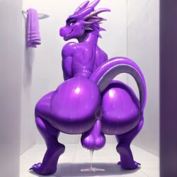 ai_generated big_ass dragon excessive_anal_juice femboy girly huge_breasts looking_at_viewer purple_body scales sweat sweaty_butt