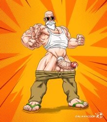 bald balls beard boner dragon_ball dragon_ball_z erection facial_hair galaxycoop male male_focus male_only master_roshi muscles muscular old_man pants_down penis sandals smiling solo solo_male sunglasses tank_top v_sign white_hair