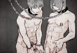 2boys chained chains collar completely_nude flaccid gintama hair_over_one_eye handcuffs hijikata_toshiro looking_at_another male male_only male_pubic_hair n_n navel_piercing nipple_piercing nipple_rings nude penis restrained slave smile takasugi_shinsuke