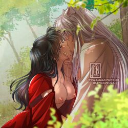 1boy1girl aquarina artist_signature boobs breasts canon_couple dark_blue_hair dog_boy dog_ears forest forest_background hand_on_chin husband_and_wife inuyasha inuyasha_(character) kagome_higurashi kimono kiss_on_lips kissing leaves necklace nipples silver_hair trees wearing_others_clothes