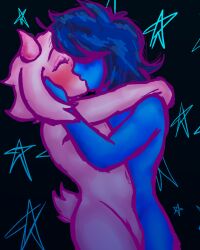 2boys ambiguous_gender anthro arms_around_neck arms_around_partner belly blue_body blue_hair blue_skin blush closed_eyes deltarune deltarune_chapter_2 duo eyelashes eyeshadow femboy gay girly goat hand_on_face horns human human_on_anthro just_a_lil_guy kissing kris_(deltarune) male/ambiguous male/male naked naked_male nude nude_male pink_body pink_eyeshadow pink_fur ralsei simple_background standing stars tail white_body white_fur wholesome