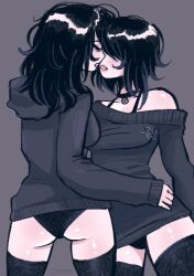 2girls black_hair choker closed_eyes eyes_covered female female_only goth goth_girl hoodie kissing panties shorter_female shorter_girl sweater taller_female taller_girl yuri