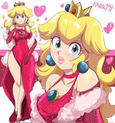 1girls blonde_hair blue_eyes crown dress earrings feather_boa female female_only heels karbuitt long_gloves mario_(series) multiple_views princess_peach simple_background solo standing super_mario_all-stars white_background