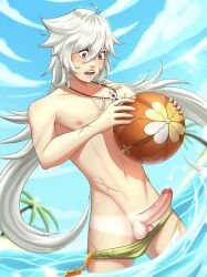 abs assisted_exposure beach big_balls big_breasts big_penis gay genshin_impact male pantsing razor_(genshin_impact) water