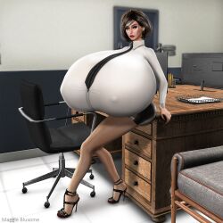 big_breasts black_hair blouse button_down_shirt collared_shirt fully_clothed gigantic_breasts high_heels huge_breasts hyper hyper_breasts latex_skirt maggie_bluxome_(artist) massive_breasts necktie office office_lady pale_skin second_life secretary short_skirt suit_and_tie violet_eyes