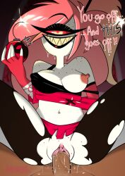 1_eye 1boy cherri_bomb_(hazbin_hotel) female hazbin_hotel impmussa looking_at_viewer mussa navel pink_pussy pov tagme text vivienne_medrano