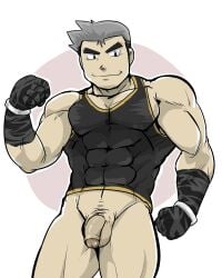 1boy balls bara barazoku biceps big_thighs eyebrows fit_male gay gloves male_only pants_off penis pokemon professor_oak samuel_oak tank_top