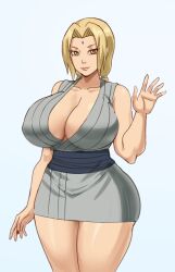 1girls bare_legs bare_thighs big_breasts blonde_hair bottomless breasts breasts_bigger_than_head brown_eyes busty cleavage female female_only hourglass_figure huge_breasts kimono large_breasts legs_together lipstick makeup mature mature_female nail_polish naruto naruto_(series) naruto_shippuden no_bra no_pants oppai pinkpawg sash short_kimono sleeveless_kimono thick_thighs thighs thunder_thighs tied_hair tsunade twintails voluptuous waving waving_at_viewer waving_hand