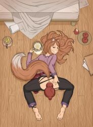 anal anal_sex anal_sex animal_ears apple bed bedroom beer big_penis book brown_hair canine_penis clothed clothed_sex female female holo knot knotted_penis lying_on_floor red_eyes seductive_look seductive_smile sovoy spice_and_wolf tail torn_clothes torn_pants wolf_ears wolf_girl wolf_tail