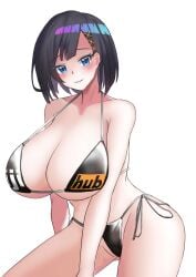 1girls bare_shoulders big_breasts bikini black_bikini black_hair blue_eyes blush bob_cut cleavage cleavage_overflow collarbone exposed_shoulders exposed_torso hi_res highres huge_breasts midriff nijihub nijisanji nijisanji_indonesia pornhub_bra shinkardia short_hair siska_leontyne solo solo_female solo_focus standing string_bikini striped_bikini swimsuit swimwear text text_on_clothing virtual_youtuber white_background x_hair_ornament