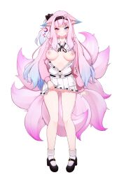 5danny1206 accessory animal_humanoid areola blue_eyes blue_hair blush breasts canid canid_humanoid canine canine_humanoid clothing female fox_humanoid genitals hair hair_accessory heterochromia hi_res humanoid mammal mammal_humanoid midriff multi_tail multicolored_hair navel nipples pink_eyes pink_hair pussy simple_background smile solo tail