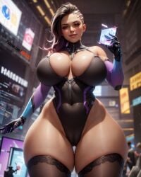 ai_generated alternate_breast_size blizzard_entertainment dark-skinned_female female female_only huge_ass huge_breasts kw0337 overwatch overwatch_2 skin_tight skindentation sombra thick_thighs