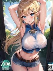 1girls ai_generated armpits arms_behind_head arms_up bangs bare_shoulders belt blonde_hair blue_eyes blush braid breasts covered_nipples crextcomic crop_top cutoffs denim denim_shorts earrings elf female female_only hair_ornament jewelry large_breasts long_hair looking_at_viewer navel nintendo nipples nipples_visible_through_clothing parted_lips pointy_ears princess_zelda see-through shirt short_shorts shorts sleeveless sleeveless_shirt solo solo_female tears_of_the_kingdom the_legend_of_zelda wet wet_clothes wet_shirt