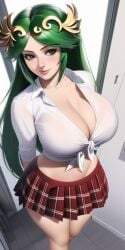 1girls ai_generated arms_behind_back breasts bursting_breasts cleavage crown goddess green_eyes green_hair hallway happy kid_icarus kid_icarus_uprising large_breasts lockers long_hair looking_at_viewer midriff miniskirt n.c.b_ai nai_diffusion nintendo palutena plaid_skirt school school_uniform schoolgirl skirt slutty_clothing slutty_outfit smile stable_diffusion super_smash_bros. super_smash_bros._ultimate thick_thighs tied_shirt tight_clothing voluptuous voluptuous_female white_shirt