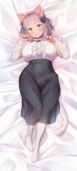 1futa animal_ears balls bangs big_breasts blue_eyes breasts bulge cat_ears cat_tail catgirl clothed clothing dakimakura erection fake_animal_ears full-package_futanari fully_clothed futa_only futanari green_eyes grey_hair hairband human kemonomimi laying_down laying_on_bed light-skinned_futanari light_skin looking_at_viewer on_back penis short_hair skirt solo yana_(nekoarashi)