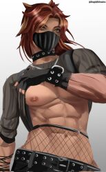 1boy 2d abs belly black_nails bracelet choker digital_media_(artwork) fingerless_gloves fishnets fortnite gloves hazel_eyes looking_at_viewer lucien_west male male_only mask midriff nail_polish nipples pants pecs red_hair shirt_lift solo stupidgrimoire