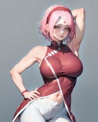 1girls ai_generated armpits boruto:_naruto_next_generations breasts chinese_clothes dress female female_only green_eyes maplechad mature mature_female milf nai_diffusion naruto naruto_(series) pants pink_hair sakura_haruno short_hair solo stable_diffusion toned toned_female voluptuous