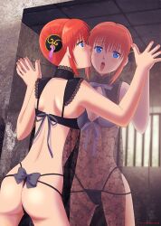 alternate_costume ass black_thong blue_eyes blush bun_cover double_bun female female_only gintama hair_ornament kagura_(gintama) lace lace_trim lingerie lipstick looking_at_viewer mirror morinekozion open_mouth orange_hair reflection solo standing thong