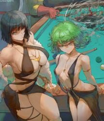 1boy 2d 2girls artist_name ball bob_cut breasts covered_nipples cutesexyrobutts dress esper_sisters female female_focus fubuki_(one-punch_man) higher_resolution_available large_breasts looking_at_viewer loose_clothes male multiple_girls no_bra no_panties no_underwear one-punch_man pool_table revealing_clothes saitama short_hair siblings sisters standing tatsumaki translucent translucent_clothing watermark