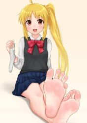 1girls absurd_res artist_request barefoot blonde_hair bocchi_the_rock! curvaceous curvy curvy_body curvy_female curvy_figure cute feet foot_fetish foot_focus happy highres human human_only ijichi_nijika long_hair ponytail ribbon school_uniform schoolgirl smile soles solo teen teenage_girl teenager toes white_skin young