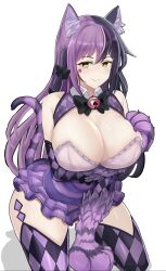 1girls big_breasts breasts cat_ears cat_humanoid catgirl cheshire_cat cleavage desspie female huge_breasts humanized looking_at_viewer monster_girl_encyclopedia purple_hair rule_63 solo