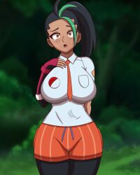 1girls alternate_breast_size big_breasts black_hair black_legwear blush breasts brown_eyes busty clothing curvaceous curvy curvy_body curvy_female curvy_figure female game_freak ghost greavard huge_breasts large_breasts legs_together long_hair migi_rider necktie nemona_(pokemon) nintendo open_mouth pokemon pokemon_(game) pokemon_sv possession shirt thigh_gap tie voluptuous white_shirt wide_eyed wide_hips