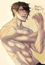 abs athletic athletic_male blue_eyes brown_hair cute cute_fang cute_fangs fangs fantasy hands hi_res hickey hickey_marks highres hindpaw light_skin lips looking_at_viewer looking_down male male_focus male_only masculine morning morning_after muscle muscles muscular muscular_arms muscular_male muscular_thighs oc original original_character rosalinn scar scar_across_eye scared scars short_hair signature simple_background simple_shading smile smiling smiling_at_viewer soft_shading solo solo_focus solo_male teeth text vampire waking_up