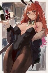 1girls bare_shoulders biting_lip blush blush_lines bowtie bowtie_collar bunny_ears bunnysuit coat coat_on_shoulders crown detached_collar doremii exposed_shoulders female ginga_elyka glasses heterochromia hi_res highres indie_virtual_youtuber leotard looking_at_viewer medium_breasts naokomama orange_hair pantyhose plant round_glasses solo solo_female solo_focus sprout tray virtual_youtuber wine wine_bottle wine_glass wrist_cuffs