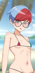 1girls bare_arms bare_back bare_legs bare_midriff bare_shoulders bare_thighs barefoot beach bikini bikini_bottom bikini_top blue_bikini blue_bikini_bottom blue_bikini_top blue_hair blue_micro_bikini blush blush_lines blushing_at_viewer glasses gray_eyes kenja_panda micro_bikini midriff navel penny_(pokemon) perky_breasts pokemon pokemon_sv red_bikini red_bikini_bottom red_bikini_top red_hair red_micro_bikini seaside small_boobs small_breasts solo solo_female tareme