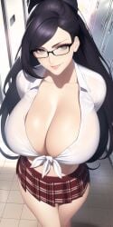 1girls ai_generated arms_behind_back bayonetta bayonetta_(character) beehive_hairdo black_hair breasts bursting_breasts cleavage curvy_female female female_focus female_only glasses grey_eyes hair_down hallway happy huge_breasts large_breasts lockers long_hair looking_at_viewer looking_up messy_hair midriff miniskirt n.c.b_ai nai_diffusion nintendo plaid_skirt school school_uniform schoolgirl sega skirt smile solo stable_diffusion super_smash_bros. super_smash_bros._ultimate thick_thighs thighs tied_shirt tight_clothing voluptuous voluptuous_female white_shirt