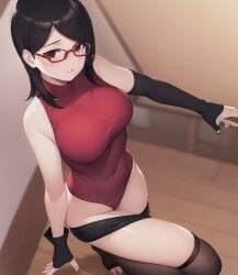 ai_generated bike_shorts boruto:_naruto_next_generations curvaceous curvy curvy_body curvy_figure eyewear female female_only glasses gloves leotard nai_diffusion naruto naruto_(series) petite petite_body raised_leg red-framed_glasses sarada_uchiha shorts shorts_down solo solo_focus stable_diffusion standing stockings teenage_girl teenager undressing voluptuous yaouchiha young younger_female