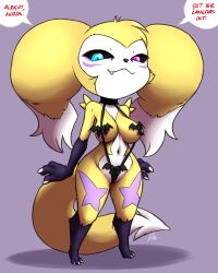 anthro bandai_namco bikini clothing dialogue digimon digimon_(species) female fur furball_(artist) heterochromia hi_res hybrid impmon nipples renamon renimpmon sling_bikini solo swimwear tail yellow_body yellow_fur