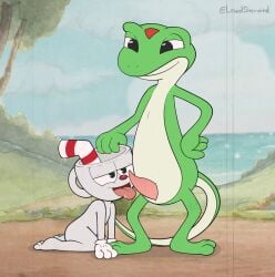 animal_genitalia bodily_fluids container cum cum_on_tongue cup cuphead cuphead_(game) duo gecko geico geico_gecko genital_fluids genitals hi_res kneeling leaking_cum licking lizard male male/male mascot oral penile penis penis_lick reptile scalie sex sherwind52 tongue tongue_out