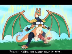 anthro balls big_penis charizard clothing crossover dragon_ball english_text erection generation_1_pokemon genitals hi_res huge_cock humor legwear maddworld male nintendo penis pokemon pokemon_(species) solo text thigh_highs vegeta