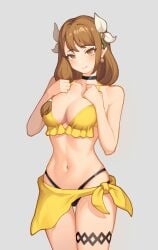 1girls alternate_costume bangs bare_arms bare_shoulders bikini blush breasts brown_eyes brown_hair cleavage commentary cowboy_shot female female female_only fire_emblem fire_emblem_engage goldmary_(fire_emblem) grey_background hair_ribbon hands_on_own_chest highres large_breasts long_hair looking_at_viewer navel nintendo ribbon sarong simple_background smile solo standing stomach swimsuit thighs white_ribbon yellow_bikini yellow_swimsuit yycaihuahua