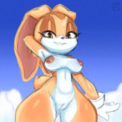 1:1 aged_up anthro breasts casual cloud cream_the_rabbit edit exposed_torso female genitals handwear lagomorph leporid mammal medium_breasts mobian mobian_(species) mobian_rabbit nipples orange_eyes pussy rabbit sega shazy_(artist) simple_background smile solo sonic_(series) sonic_the_hedgehog_(series) standing thick_thighs thigh_gap xylas