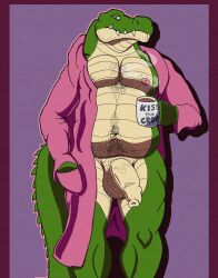 2022 anthro balls beverage body_hair chest_hair clothing coffee coffee_mug crocodilian five_o'clock_shadow flaccid foreskin genitals hairy hairy_balls hairy_belly hand_in_pocket hi_res male mostly_nude musclegut original_character overweight penis pink_clothing pockets reptile robe robe_only scalie solo speence_(artist) tail