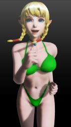 1girls 3d big_breasts bikini blonde_hair blue_eyes busty cleavage female female_only green_bikini hi_res hyrule_warriors legs linkle pointy_ears short_hair smile solo the_legend_of_zelda thighs virtualblueam2