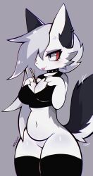 2022 anthro belly black_clothing blep breasts canid canid_demon canine canis clothed clothing collar crop_top demon digital_media_(artwork) ear_piercing female hair hellhound helluva_boss hi_res koivyx legwear loona_(helluva_boss) mammal medium_breasts no_underwear piercing shirt solo squish tail tail_motion tailwag thick_thighs thigh_highs tongue tongue_out topwear wolf