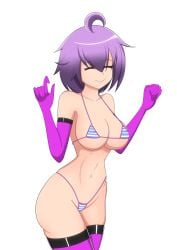 1girls big_breasts bikini breasts busty child_bearing_hips closed_eyes female female_only gloves happy highres large_breasts legs micro_bikini navel original purple_hair short_hair smile solo swimsuit thick_thighs thighs thong_bikini voluptuous wide_hips yukino_akaihi