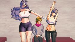 1boy 2girls 3d bare_midriff black_panties blonde_hair camilla_(fire_emblem) cleavage embarrassed female fingerless_gloves fire_emblem fire_emblem_fates gloves grey_hair hamma_hamma huge_breasts large_breasts long_hair looking_away male midriff multicolored_hair multiple_girls nintendo panties purple_hair red_eyes rong see-through shorts siegbert_(fire_emblem) sweat sweating sweaty tank_top underwear velouria_(fire_emblem) workout yoga_pants