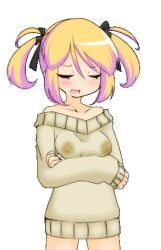 animated bouncing_breasts lactation lactation_through_clothes panic_party rin_(panic_party) small_breasts sweater twintails wet_clothes