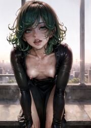 1girls ai_generated balcony bending_forward city cityscape cute_face detailed_background dress exposed_breasts female female_only green_eyes green_hair high_resolution one-punch_man open_mouth petite realistic skyscraper small_breasts solo stable_diffusion tatsumaki thighs wet zipper_down