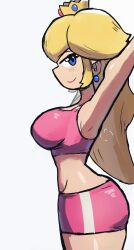 1girls armpits arms_behind_head big_breasts blonde_hair blue_eyes breasts busty child_bearing_hips female female_only from_side highres large_breasts legs looking_at_viewer mario_(series) midriff nintendo ponytail pose posing princess princess_peach sexy_armpits shorts sideboob sidelocks smile solo sports_bra thick_thighs thighs tony_welt tonywelt voluptuous wide_hips